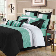 Luxury Horizontal Pleats Duvet Set - Sea Green And Black (091)
