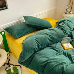 Reversible Duvet Set Velvet - Dark Green & Mustard (288)