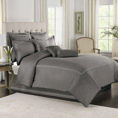 Cotton Sateen Baratta Stitch Duvet Set - Grey & White