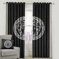 Versace Design Pair Of Velvet Curtains - Black & White (0032)