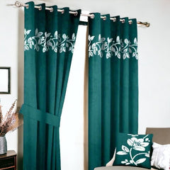 (2 Pieces) Floral Velvet Curtain - Green & Off White (0016)