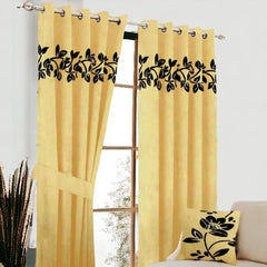 (2 Pieces) Floral Velvet Curtain - Golden & Black (0015)