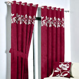 (2 Pieces) Floral Velvet Curtain -Maroon & Off White