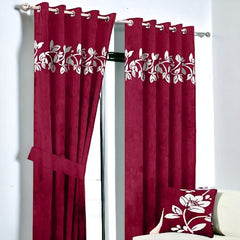 (2 Pieces) Floral Velvet Curtain -Maroon & Off White (0021)