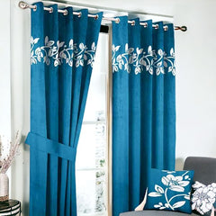 (2 Pieces) Floral Velvet Curtain - Zinc & Off White (0018)