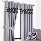 (2 Pieces) Floral Velvet Curtain -Grey & Black
