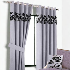 (2 Pieces) Floral Velvet Curtain -Grey & Black (0020)