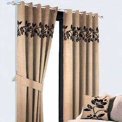 (2 Pieces) Floral Velvet Curtain - Dull Brown & Black (0014)