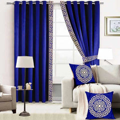 Premium Velvet Curtain ( 2 Curtains & 2 side belts ) - Blue) (0054)