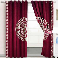 (2 Pieces) Luxury Splendid Velvet Curtain - Maroon & Off White (0009)
