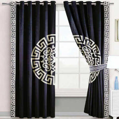 (2 Pieces) Luxury Splendid Velvet Curtain - Black & Off White (0005)
