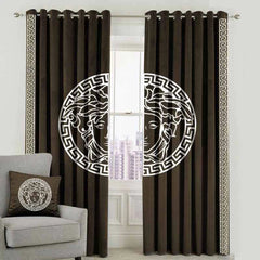 Versace Design Pair Of Velvet Curtains - Brown & White (0034)