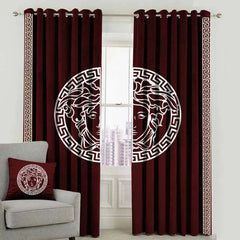 Versace Design Pair Of Velvet Curtains - Maroon & White (0037)