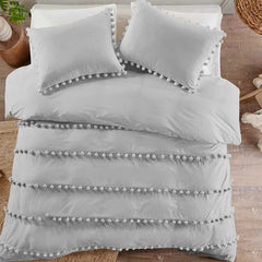 6 Pcs Luxury Duvet Set With Pom Pom Lace - Light Grey (055)