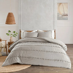 6 Pcs Luxury Duvet Set With Pom Pom Lace - Light Grey (055)
