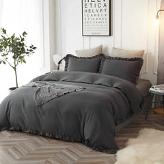 3 Pcs Ruffle Edge Duvet Cover Set - Charcoal Grey (256)