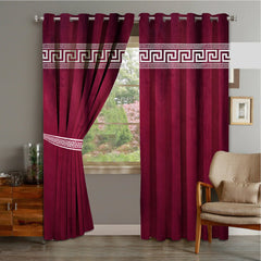 Luxury Velvet Embroidered Curtains With 2 Belts(Maroon & White) (0030)