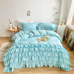 3 Pcs Ruffle Duvet Cover Set - Aqua Blue (247)
