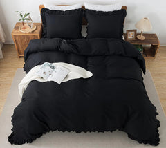 3 Pcs Ruffle Edge Duvet Cover Set - Black (254)