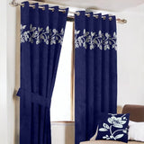 (2 Pieces) Floral Velvet Curtain - Royal Blue & Off White