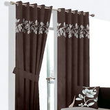 (2 Pieces) Floral Velvet Curtain -Dark Brown & Off White