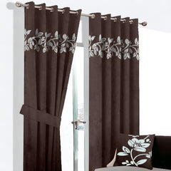 (2 Pieces) Floral Velvet Curtain -Dark Brown & Off White (0019)