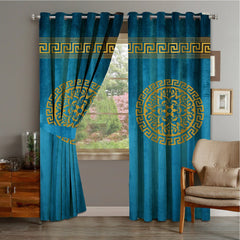 2 PIECE OF PREMIUM VELVET CURTAINS WITH 2 BELTS (BLUE&GOLD) (0024)