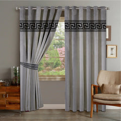 Luxury Embossed Velvet Curtains (2 Panels With 2 Belts) Silver & Black (0029)