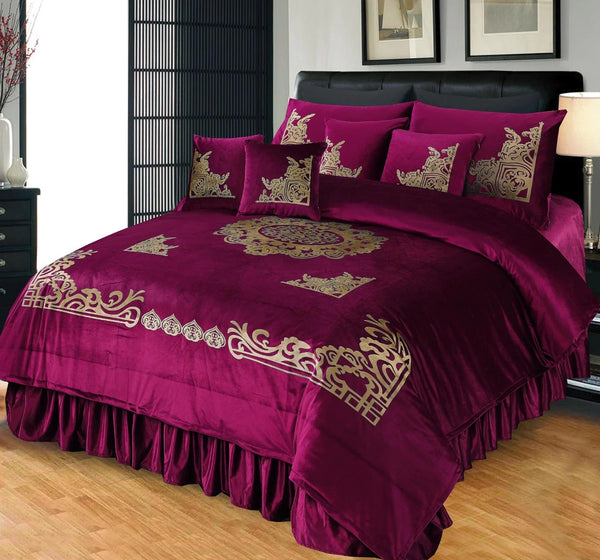 8 Pcs Luxury Embossed Velvet Duvet Set Shocking Pink Rangooli