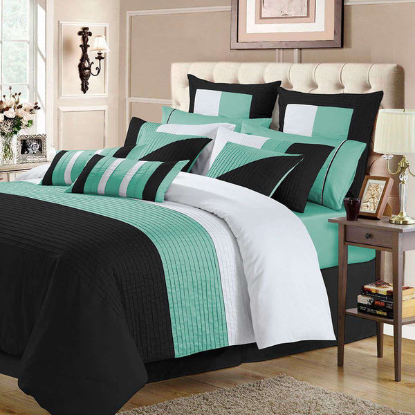 Luxury Horizontal Pleats Duvet Set - Sea Green And Black (091)