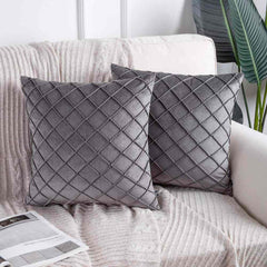 Pack of 2 Velvet Decorative Pleated Square Cushion - Grey