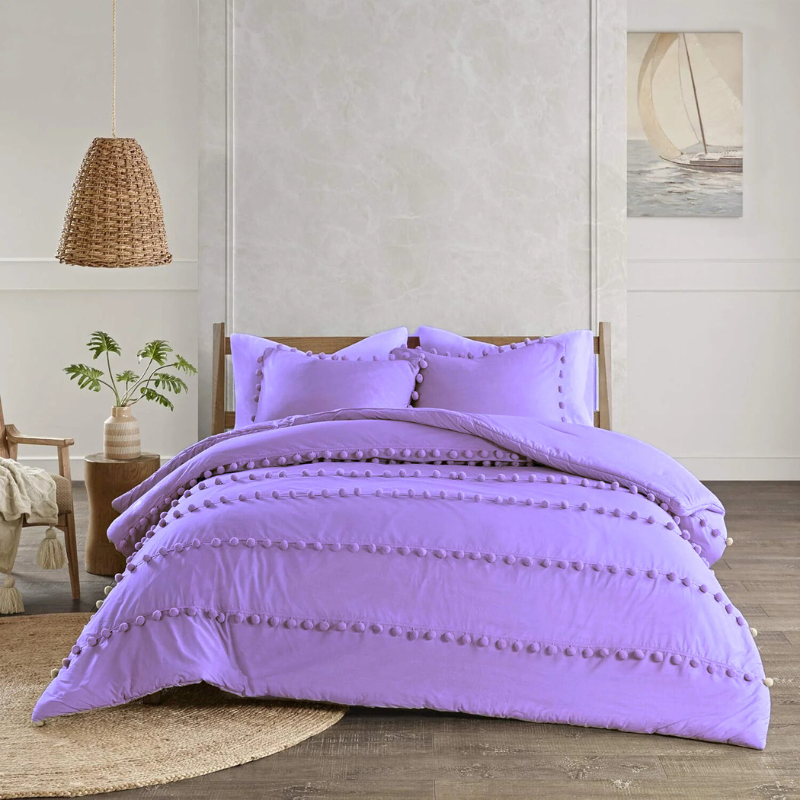6 Pcs Luxury Duvet Set With Pom Pom Lace - Purple