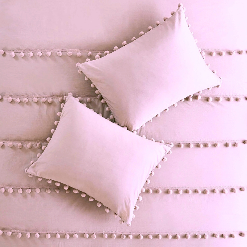 6 Pcs Luxury Duvet Set With Pom Pom Lace - Light Pink