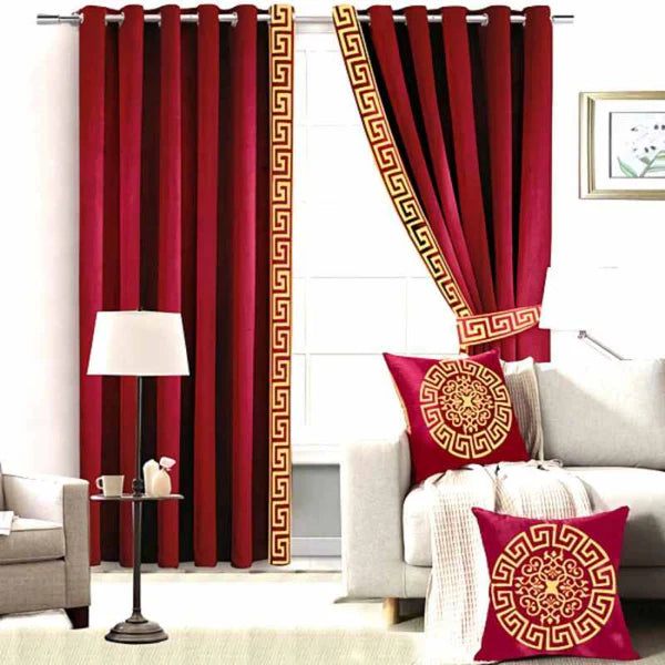 Premium Velvet Curtain ( 2 Curtains & 2 side belts ) -  Maroon (0055)