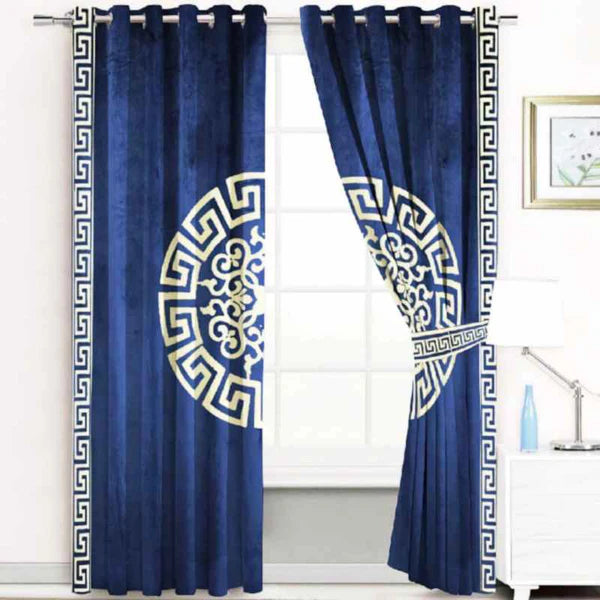 (2 Pieces) Luxury Splendid Velvet Curtain - Navy & Off White (0010)