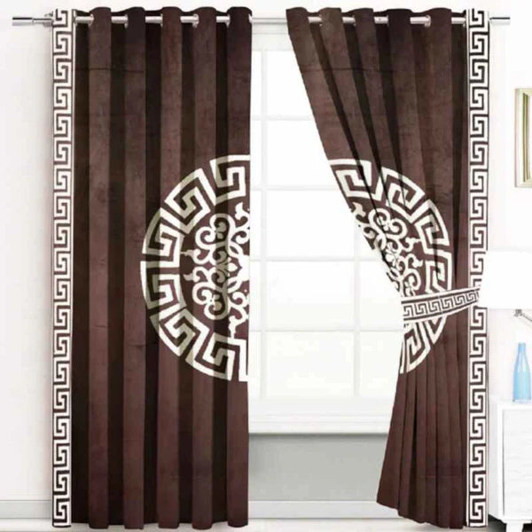 (2 Pieces) Luxury Splendid Velvet Curtain -  Brown & Off White (0002)