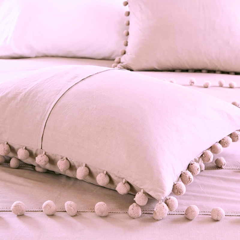 6 Pcs Luxury Duvet Set With Pom Pom Lace - Light Pink