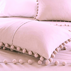 6 Pcs Luxury Duvet Set With Pom Pom Lace - Light Pink