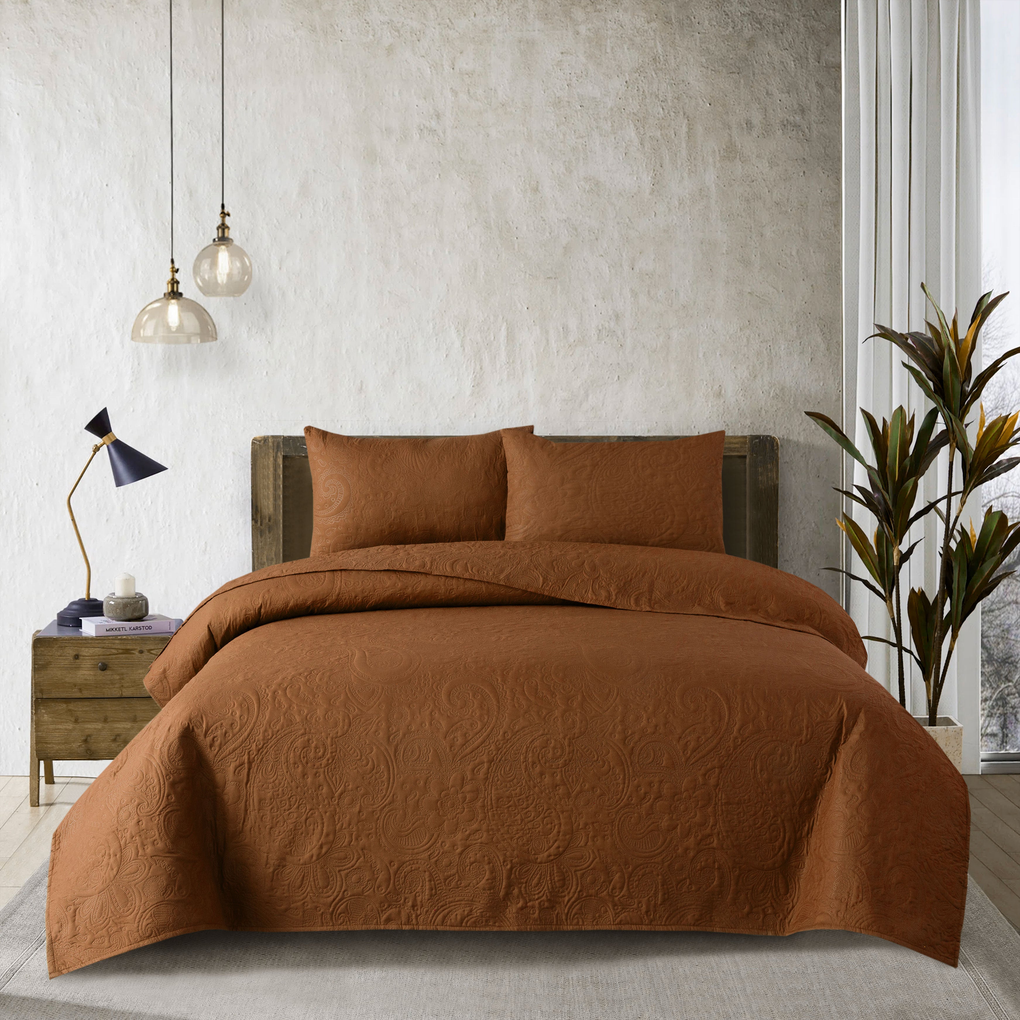 New Design 3 Pcs Ultrasonic Bedspread - Camel