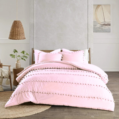 6 Pcs Luxury Duvet Set With Pom Pom Lace - Light Pink