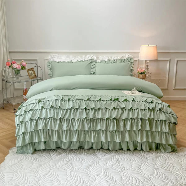 3 Pcs Ruffle Duvet Cover Set - Sea Green (251)