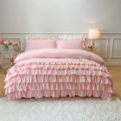 3 Pcs Ruffle Duvet Cover Set - Pink (250)