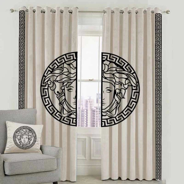 Versace Design Pair Of Velvet Curtains - Beige & White (0031)