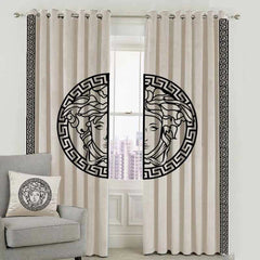 Versace Design Pair Of Velvet Curtains - Beige & White (0031)