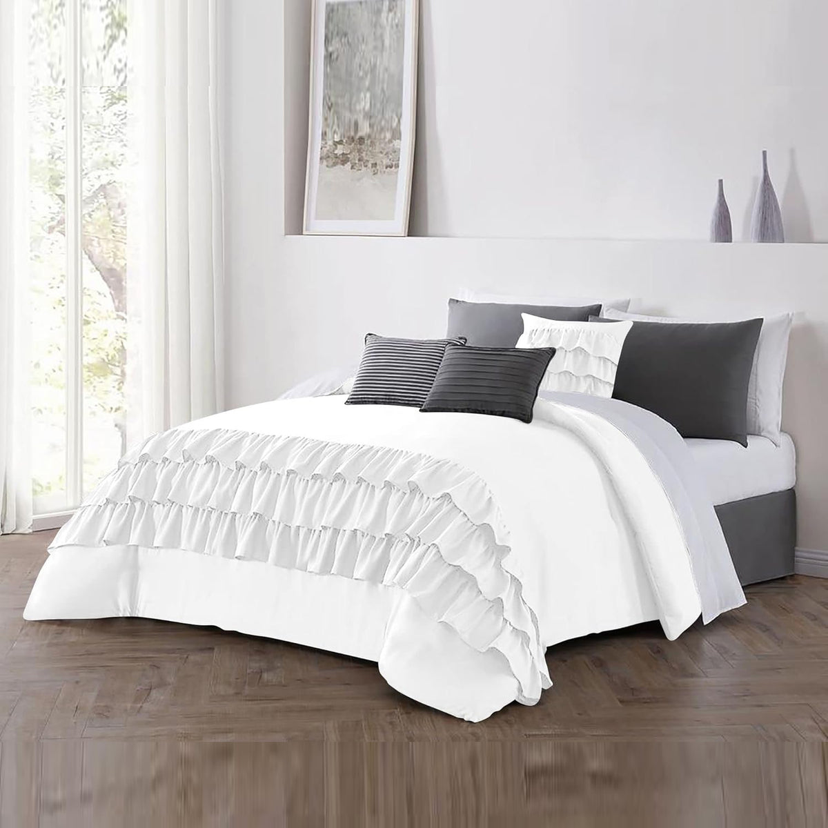 8 Pcs Ruffle Duvet Cover Set - White (0132)