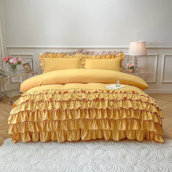 3 Pcs Ruffle Duvet Cover Set - Yellow (253)