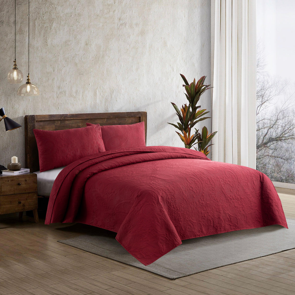 New Design 3 Pcs Ultrasonic Bedspread - Maroon