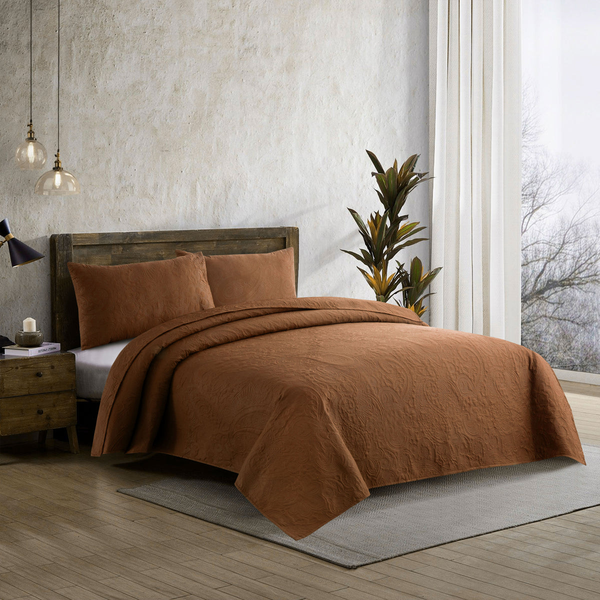 New Design 3 Pcs Ultrasonic Bedspread - Camel