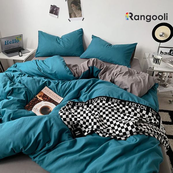 Reversible Duvet Cover Set King Size - Teal Blue & Grey  (191)