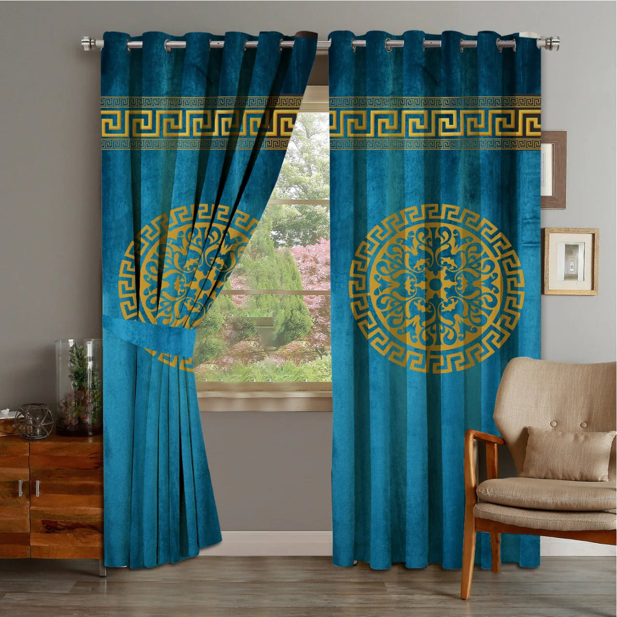 2 PIECE OF PREMIUM VELVET CURTAINS WITH 2 BELTS (BLUE&GOLD) (0024)
